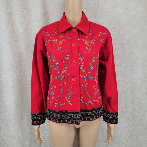 New Directions Flower Embroidered Beaded Cotton Red Button-Up Jacket - Picture 1 of 10